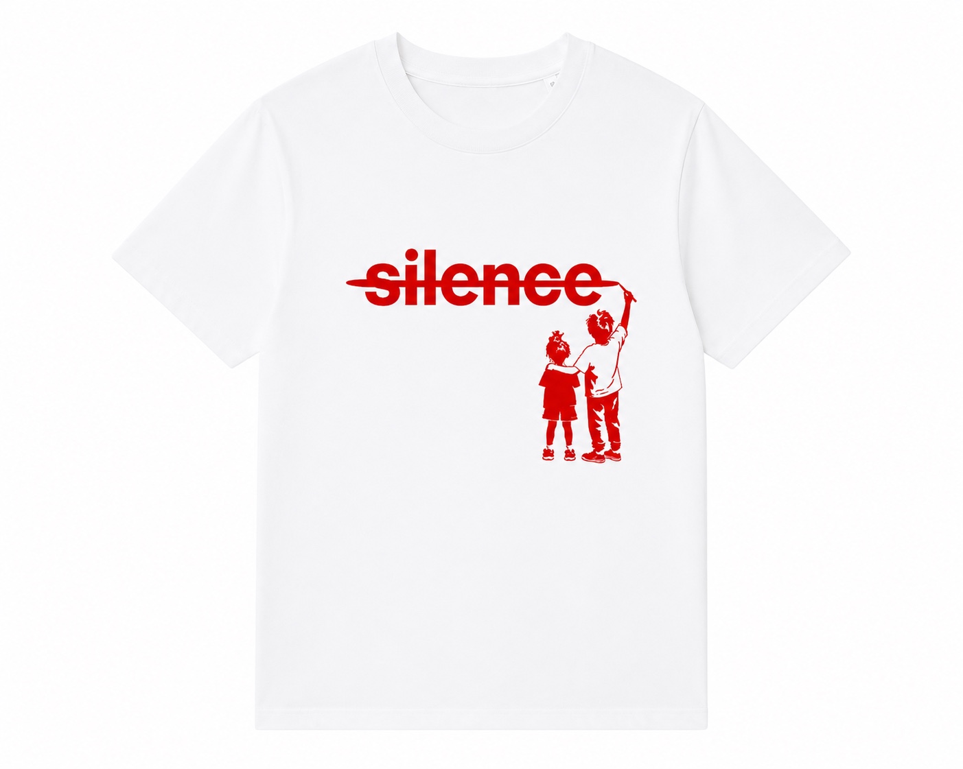 Recto du t-shirt : le mot « silence » barré en rouge, deux enfants silhouettes dessinent la barre.