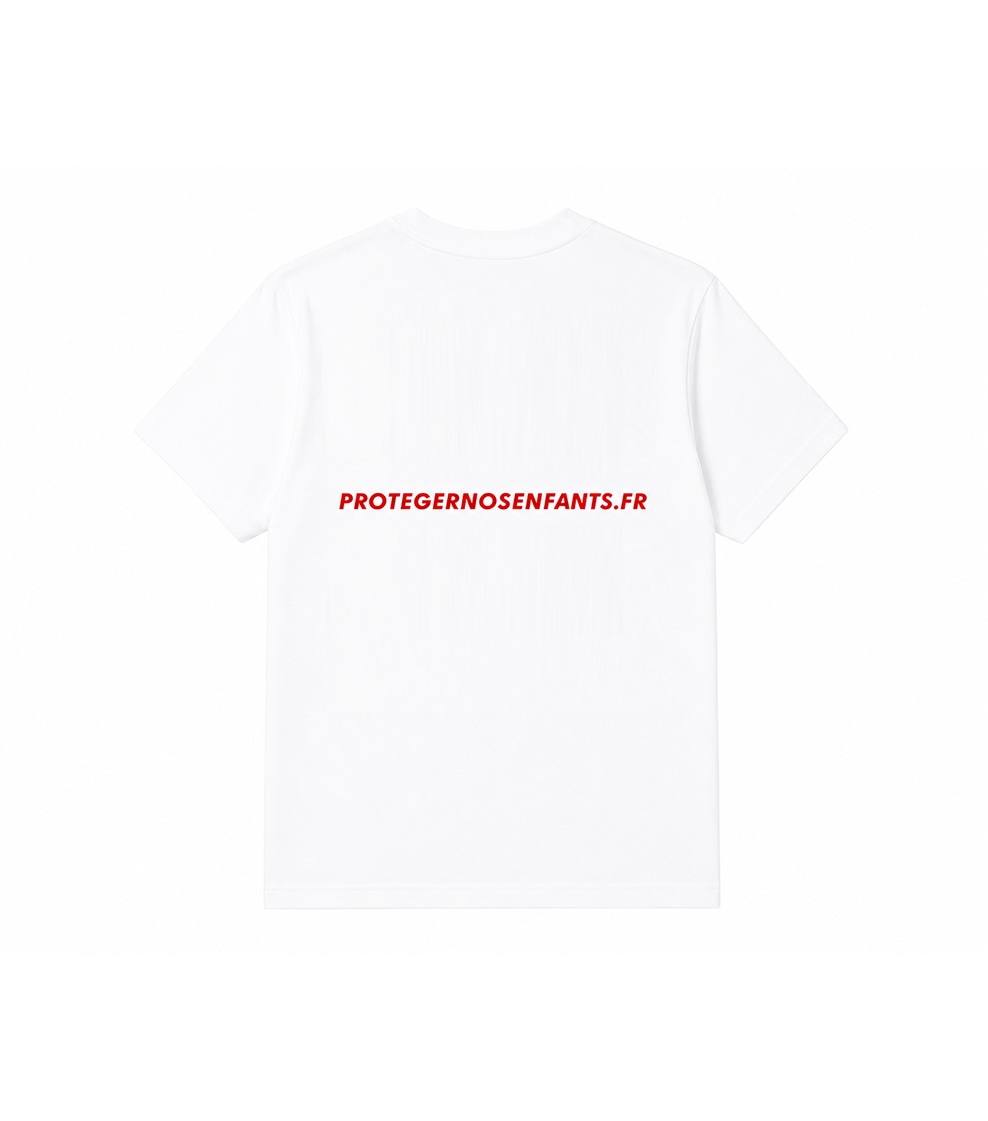 T-shirt blanc, verso : URL protegernosenfants.fr en rouge.